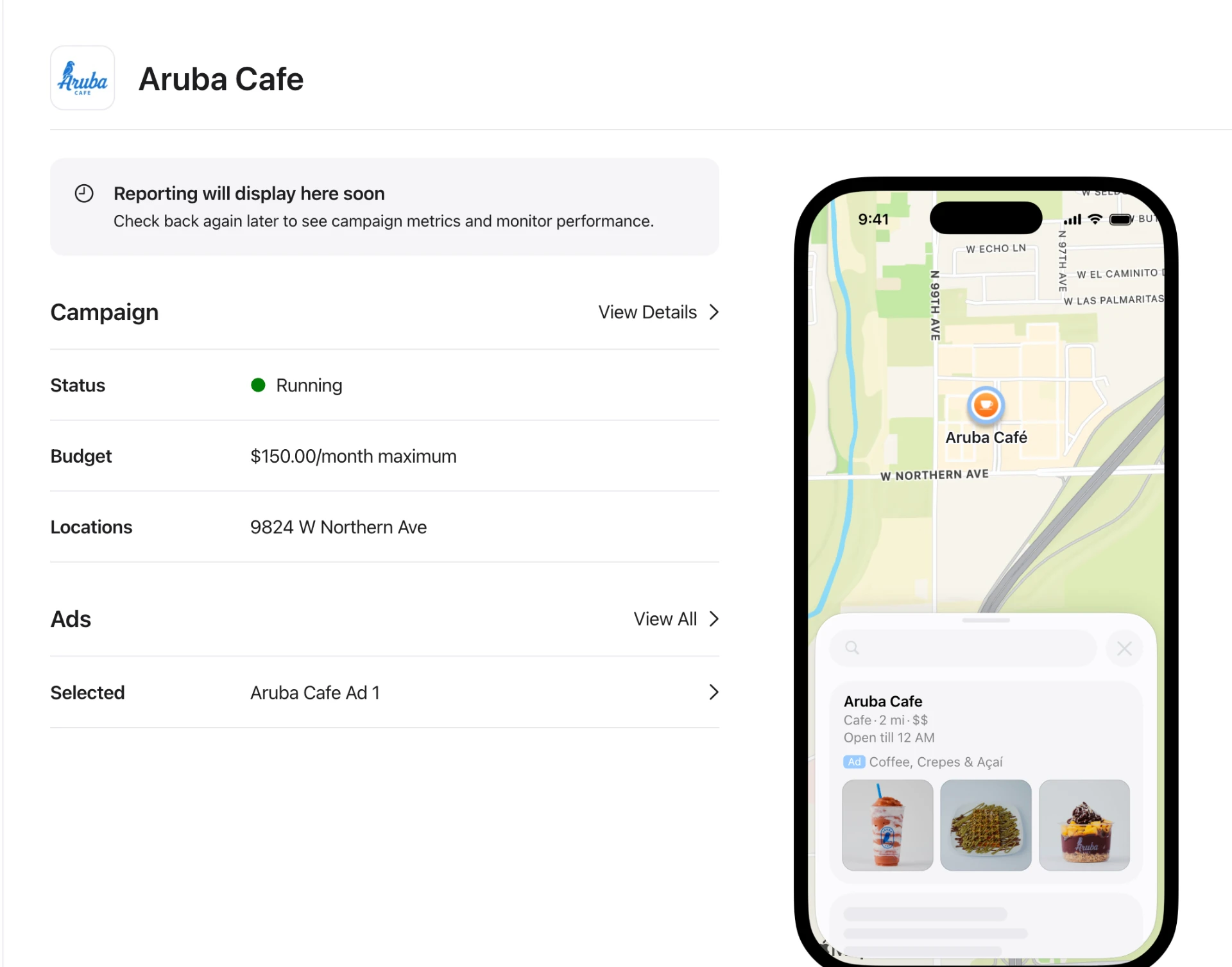 Apple Ads campaign dashboard for a local cafe showing status, monthly budget, location, and ad creative