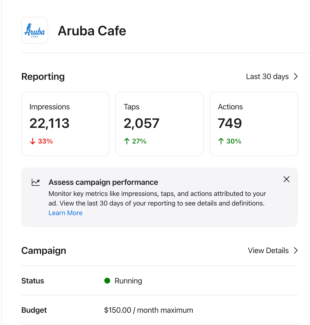 Aruba Café Apple Maps Ads reporting for the last 30 days: 22,113 impressions, 2,057 taps, 749 actions
